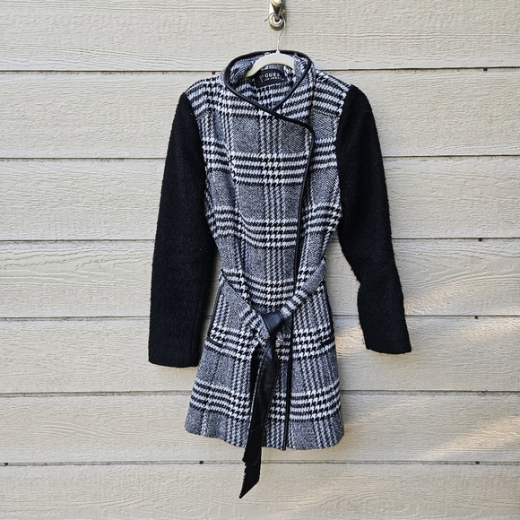 Guess black and white plaid belted wool-blend mid-length coat XXL - Picture 1 of 9